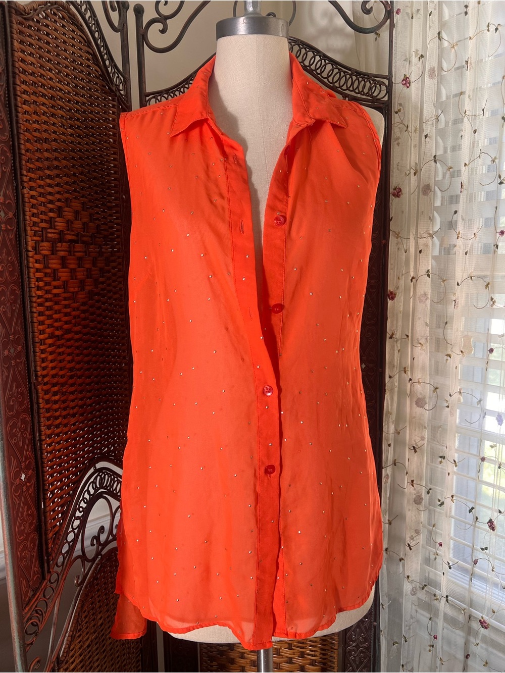 Antilia Femme Bright Orange Sleeveless Button-Down Top with Gold Sparkle Details